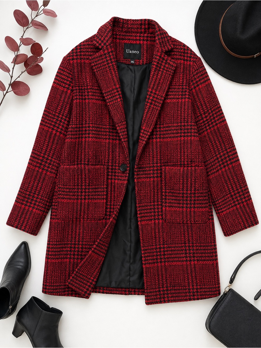 Uaneo Red Black Plaid Wool Blend Open Front Coat Jacket Women’s 2XL
